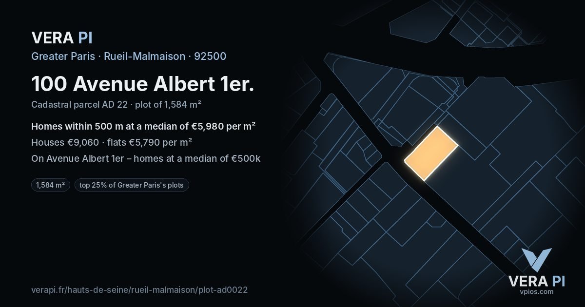 100 Avenue Albert 1er, Rueil-Malmaison at night – the plot lit, the parcels around coloured by the prices near them