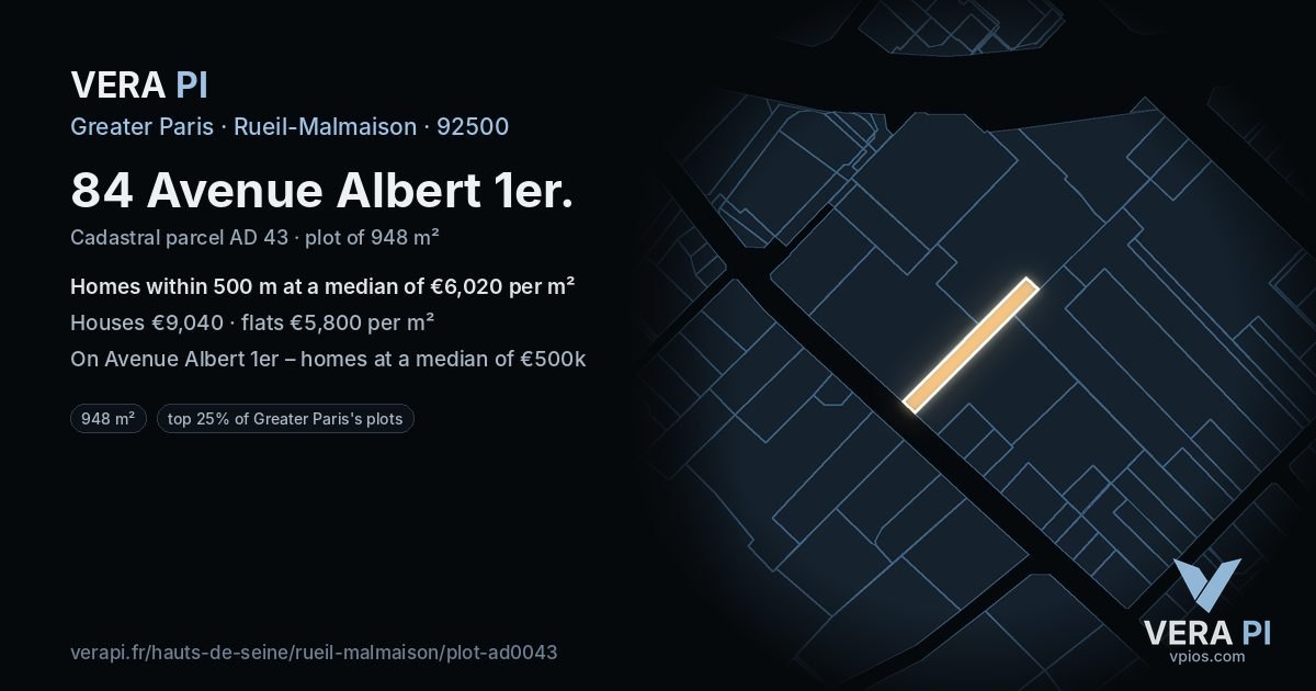 84 Avenue Albert 1er, Rueil-Malmaison at night – the plot lit, the parcels around coloured by the prices near them