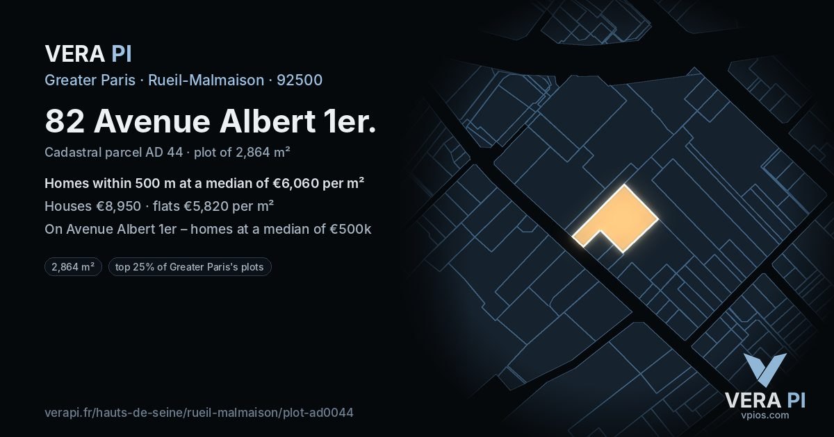 82 Avenue Albert 1er, Rueil-Malmaison at night – the plot lit, the parcels around coloured by the prices near them