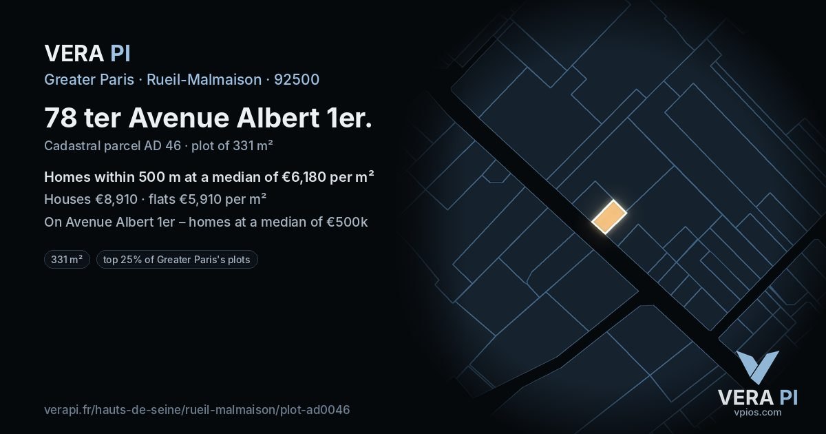 78 ter Avenue Albert 1er, Rueil-Malmaison at night – the plot lit, the parcels around coloured by the prices near them