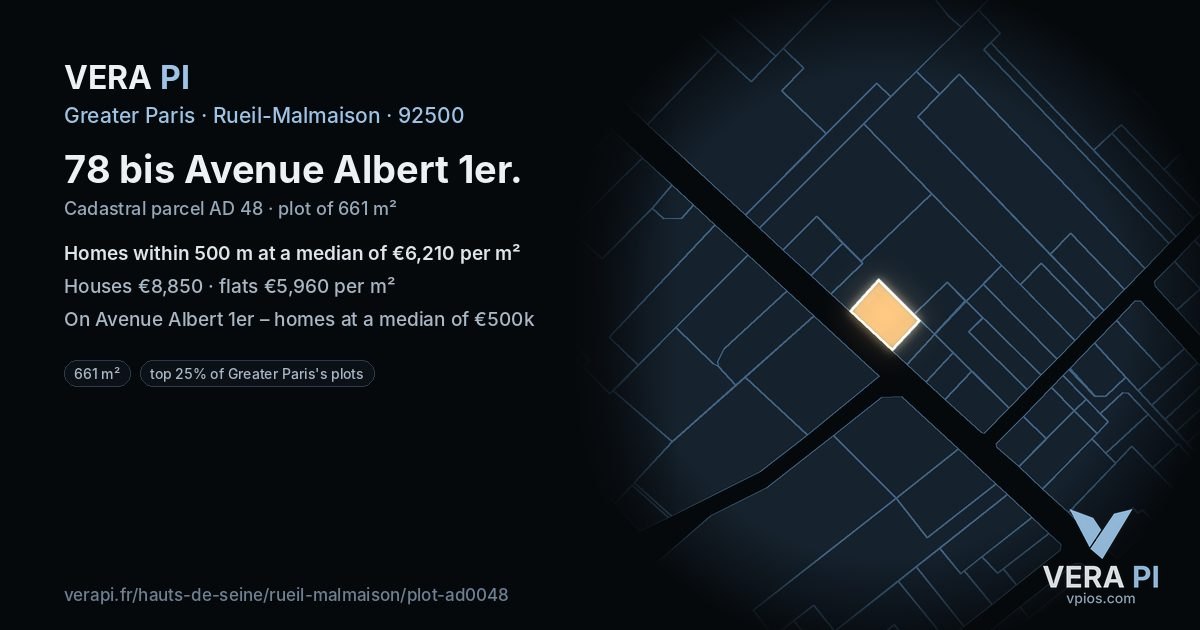 78 bis Avenue Albert 1er, Rueil-Malmaison at night – the plot lit, the parcels around coloured by the prices near them
