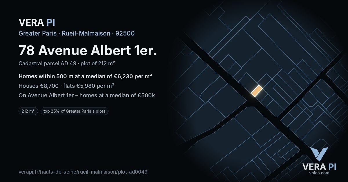 78 Avenue Albert 1er, Rueil-Malmaison at night – the plot lit, the parcels around coloured by the prices near them