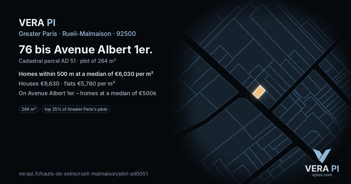 76 bis Avenue Albert 1er, Rueil-Malmaison at night – the plot lit, the parcels around coloured by the prices near them