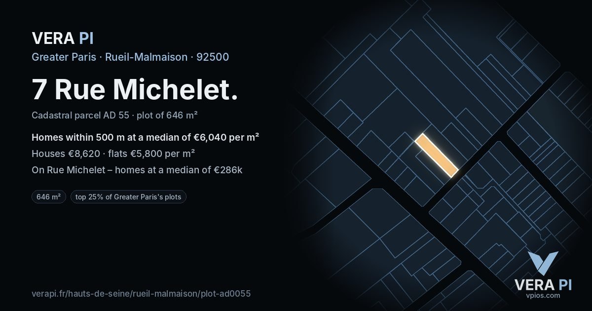 7 Rue Michelet, Rueil-Malmaison at night – the plot lit, the parcels around coloured by the prices near them