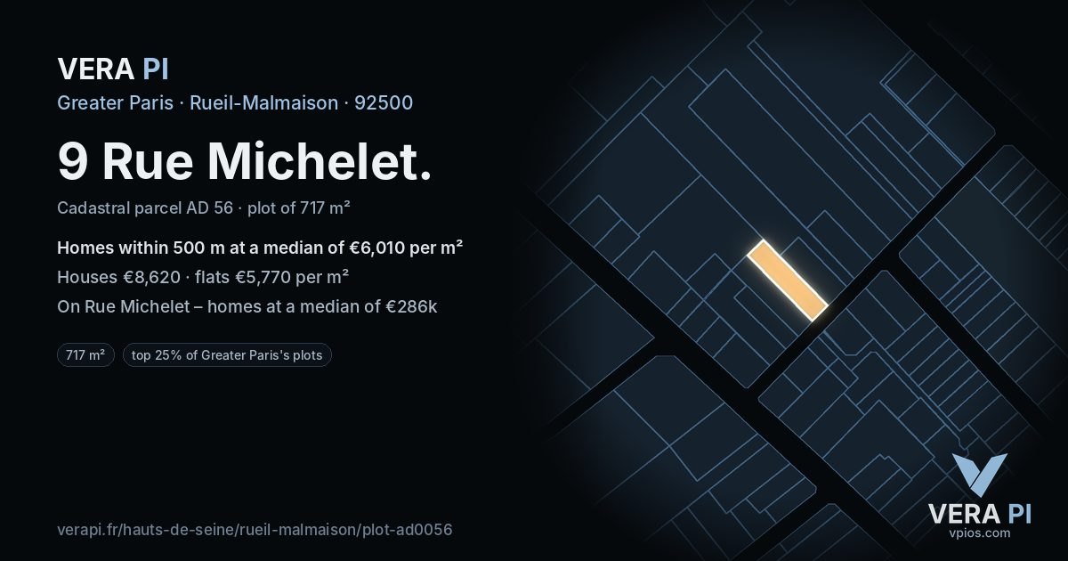 9 Rue Michelet, Rueil-Malmaison at night – the plot lit, the parcels around coloured by the prices near them