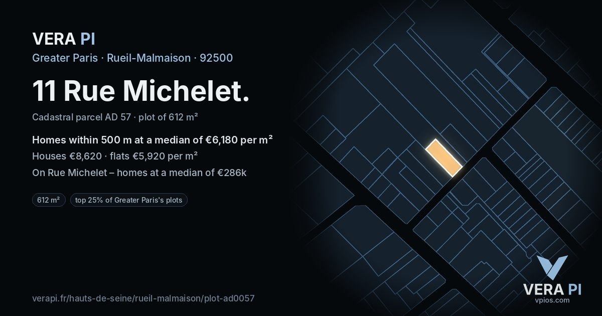 11 Rue Michelet, Rueil-Malmaison at night – the plot lit, the parcels around coloured by the prices near them