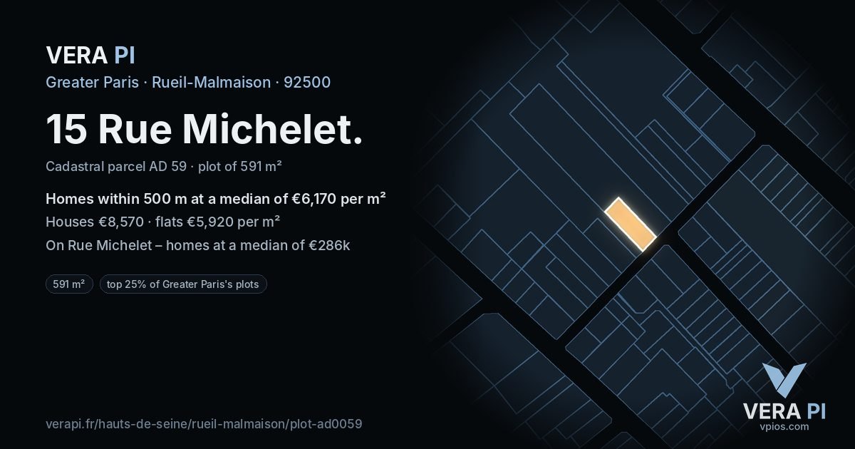 15 Rue Michelet, Rueil-Malmaison at night – the plot lit, the parcels around coloured by the prices near them