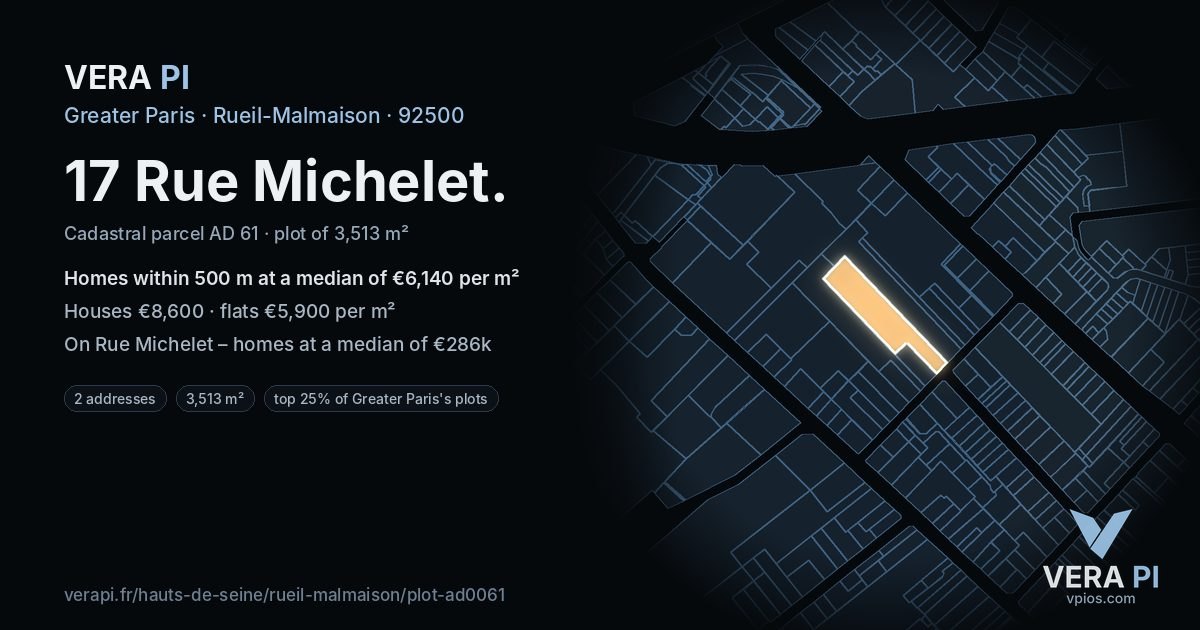 17 Rue Michelet, Rueil-Malmaison at night – the plot lit, the parcels around coloured by the prices near them
