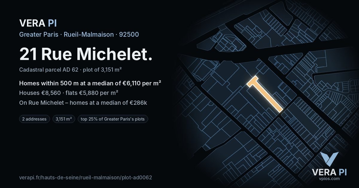 21 Rue Michelet, Rueil-Malmaison at night – the plot lit, the parcels around coloured by the prices near them