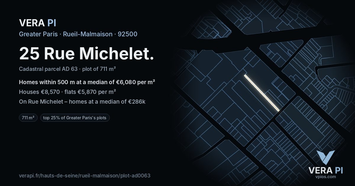 25 Rue Michelet, Rueil-Malmaison at night – the plot lit, the parcels around coloured by the prices near them