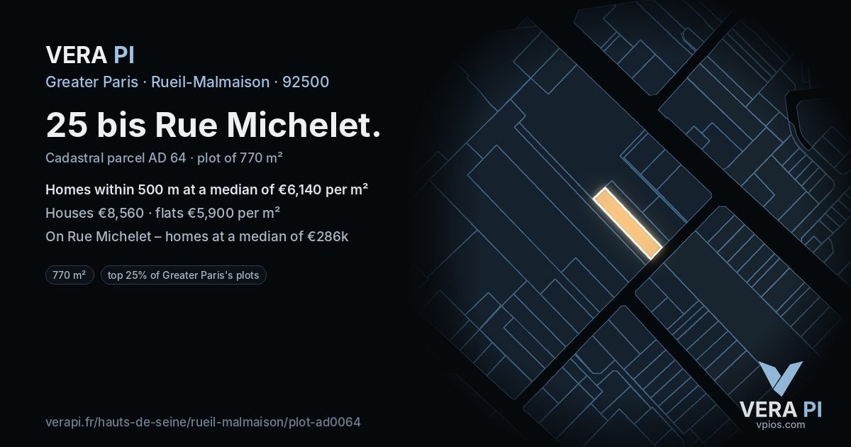 25 bis Rue Michelet, Rueil-Malmaison at night – the plot lit, the parcels around coloured by the prices near them