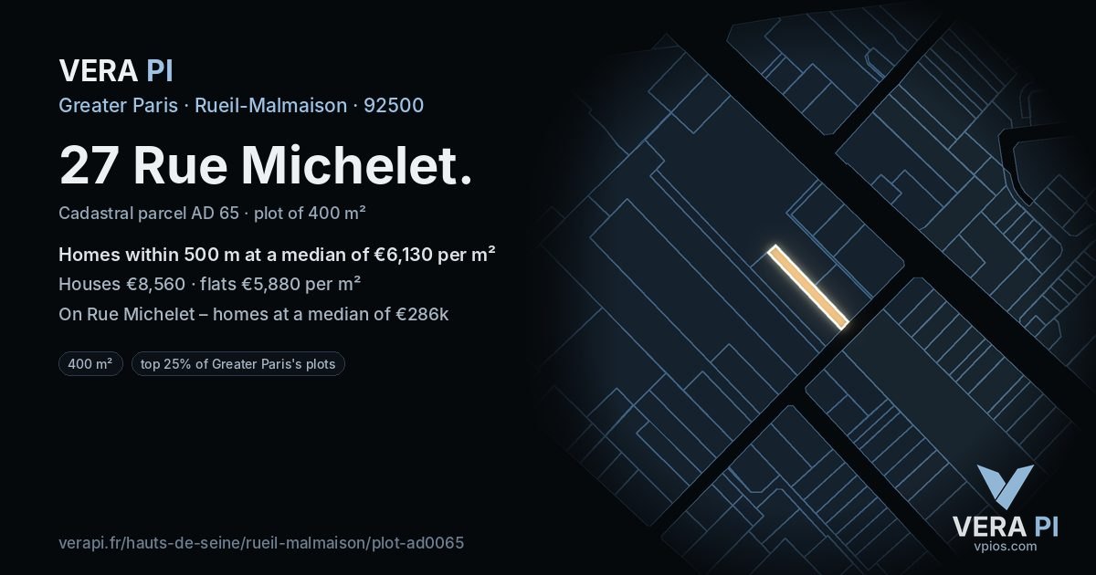 27 Rue Michelet, Rueil-Malmaison at night – the plot lit, the parcels around coloured by the prices near them