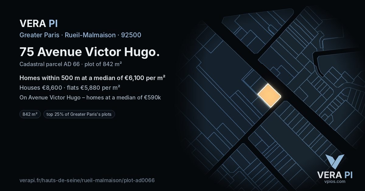75 Avenue Victor Hugo, Rueil-Malmaison at night – the plot lit, the parcels around coloured by the prices near them