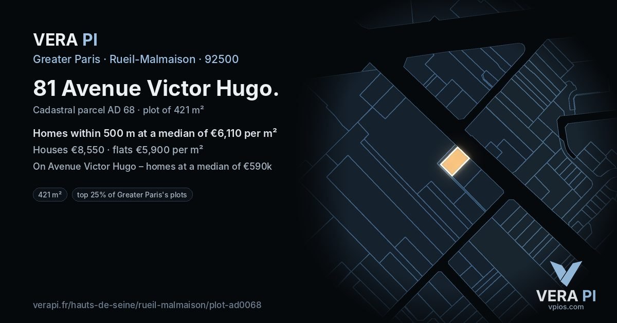 81 Avenue Victor Hugo, Rueil-Malmaison at night – the plot lit, the parcels around coloured by the prices near them
