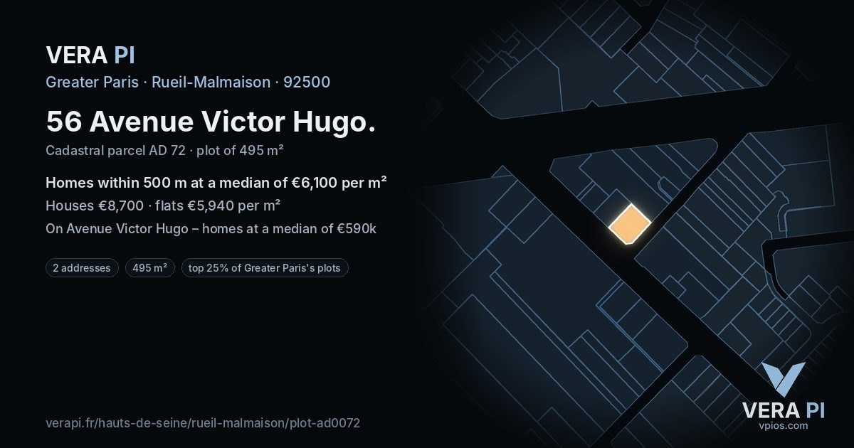 56 Avenue Victor Hugo, Rueil-Malmaison at night – the plot lit, the parcels around coloured by the prices near them