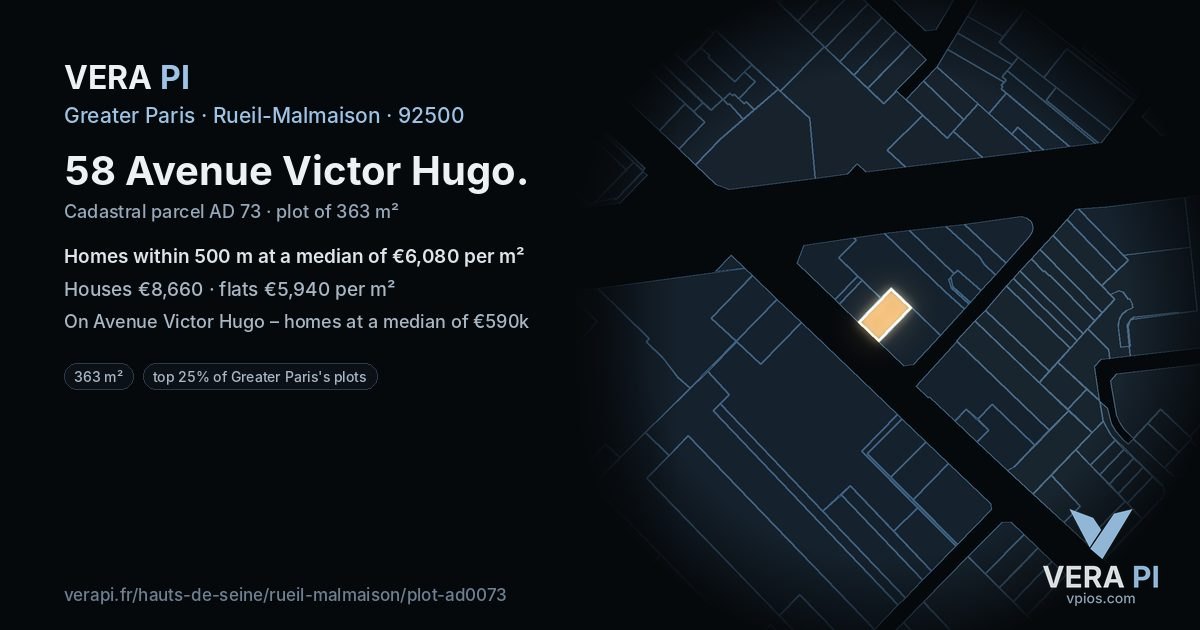 58 Avenue Victor Hugo, Rueil-Malmaison at night – the plot lit, the parcels around coloured by the prices near them