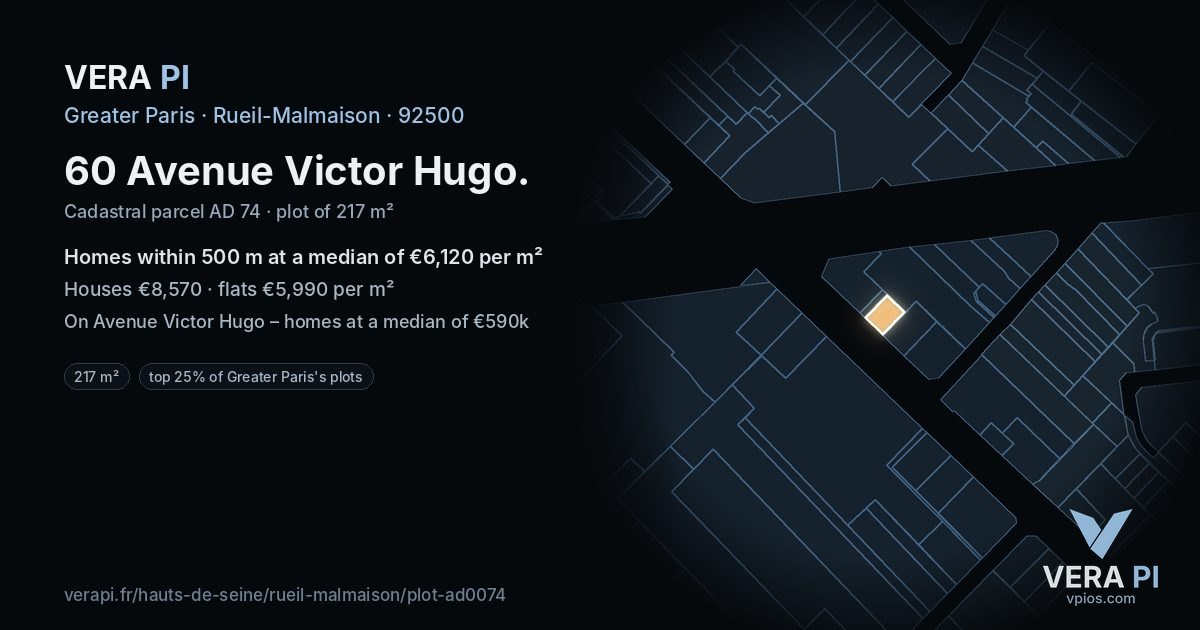 60 Avenue Victor Hugo, Rueil-Malmaison at night – the plot lit, the parcels around coloured by the prices near them