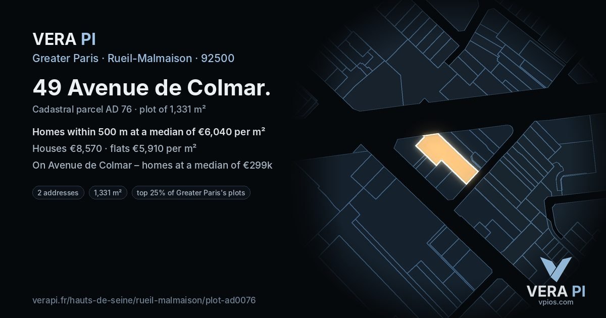 49 Avenue de Colmar, Rueil-Malmaison at night – the plot lit, the parcels around coloured by the prices near them