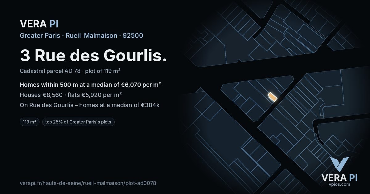 3 Rue des Gourlis, Rueil-Malmaison at night – the plot lit, the parcels around coloured by the prices near them