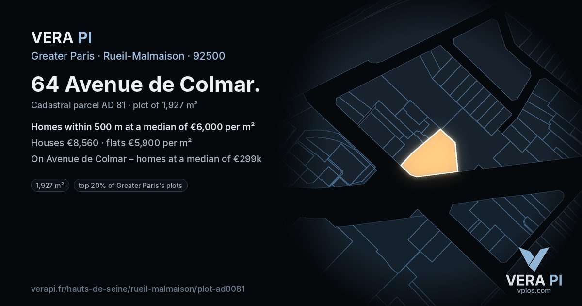 64 Avenue de Colmar, Rueil-Malmaison at night – the plot lit, the parcels around coloured by the prices near them