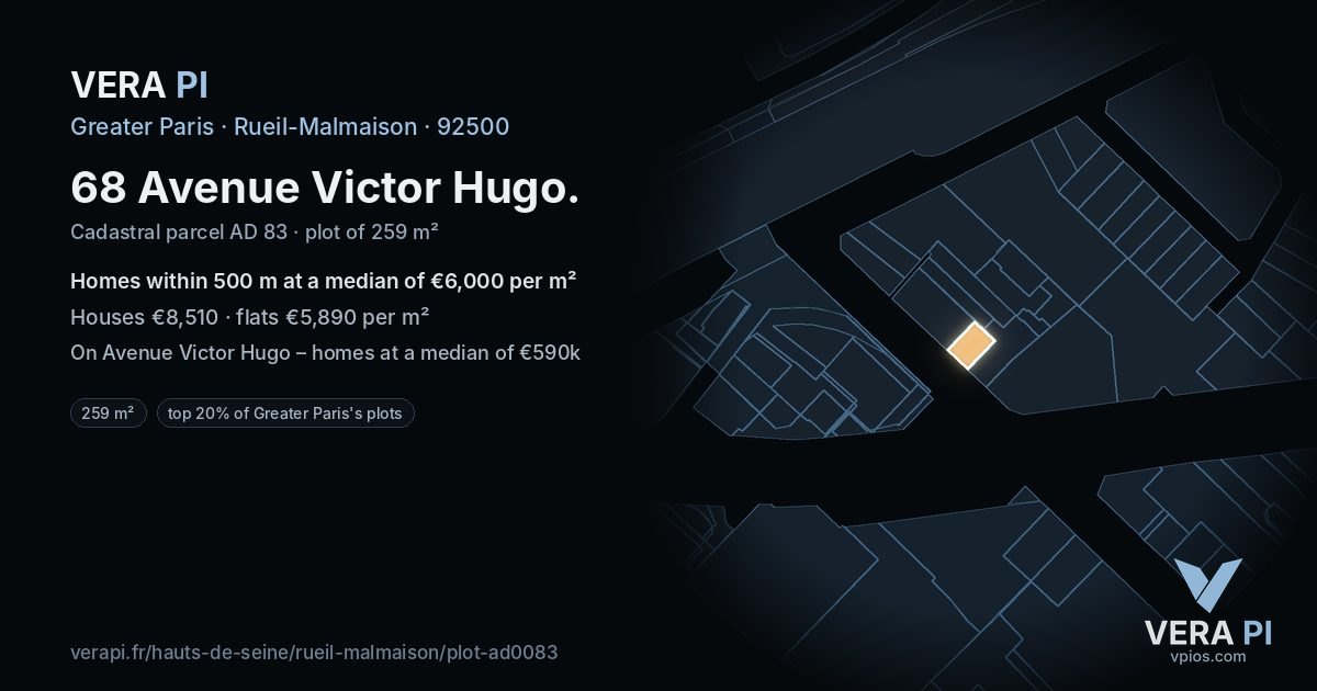 68 Avenue Victor Hugo, Rueil-Malmaison at night – the plot lit, the parcels around coloured by the prices near them