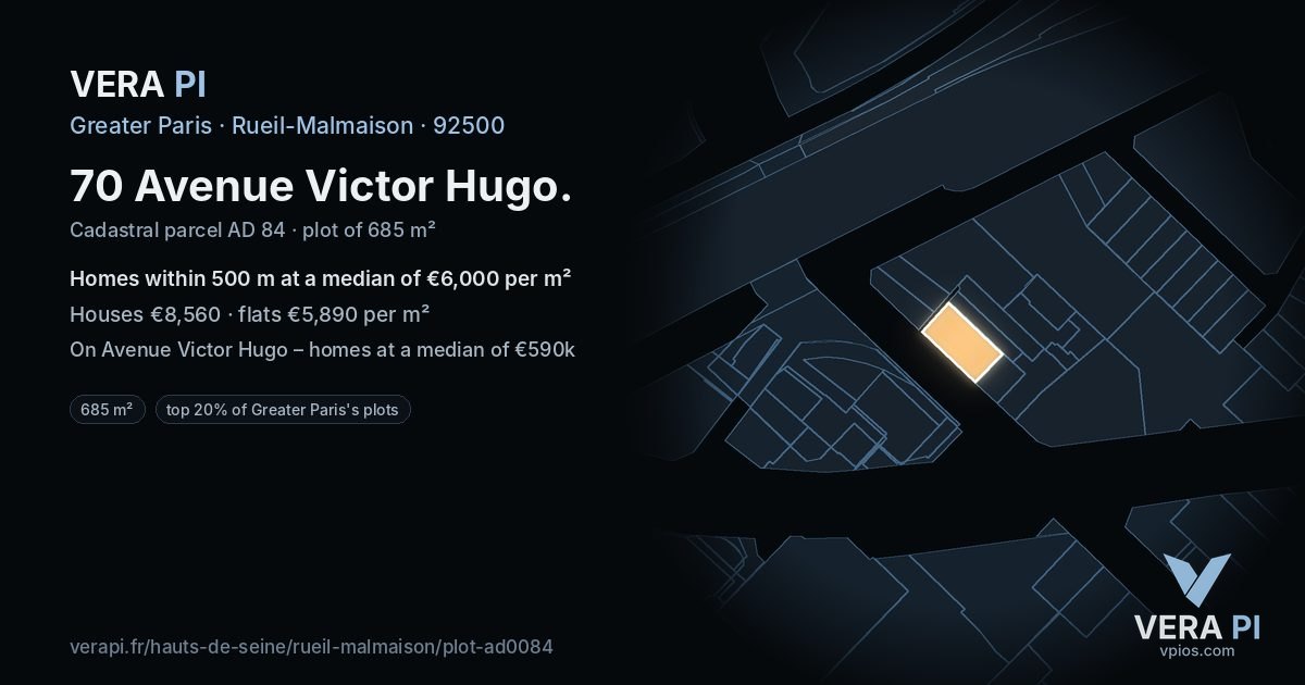70 Avenue Victor Hugo, Rueil-Malmaison at night – the plot lit, the parcels around coloured by the prices near them