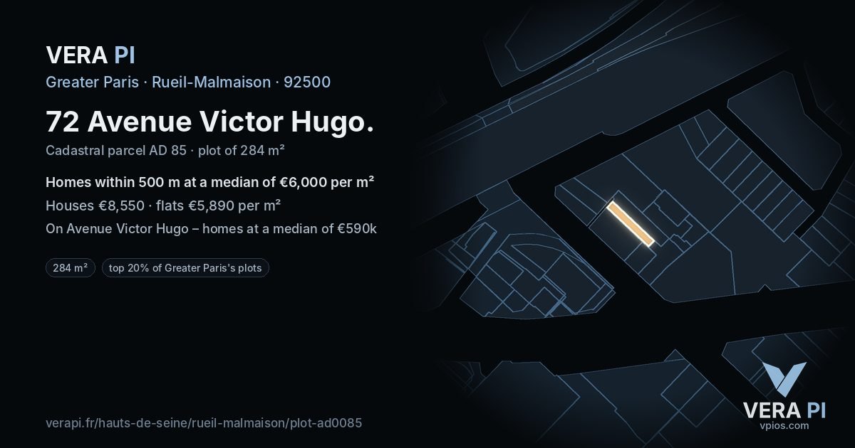 72 Avenue Victor Hugo, Rueil-Malmaison at night – the plot lit, the parcels around coloured by the prices near them