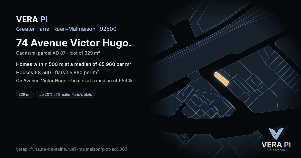 74 Avenue Victor Hugo, Rueil-Malmaison at night – the plot lit, the parcels around coloured by the prices near them