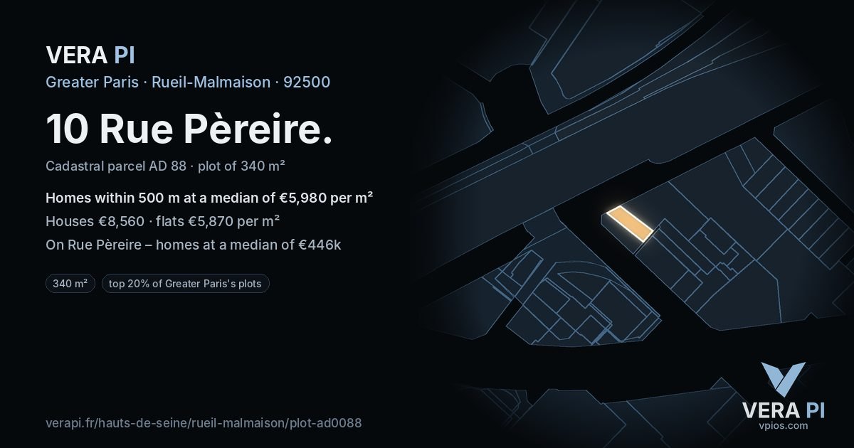 10 Rue Pèreire, Rueil-Malmaison at night – the plot lit, the parcels around coloured by the prices near them