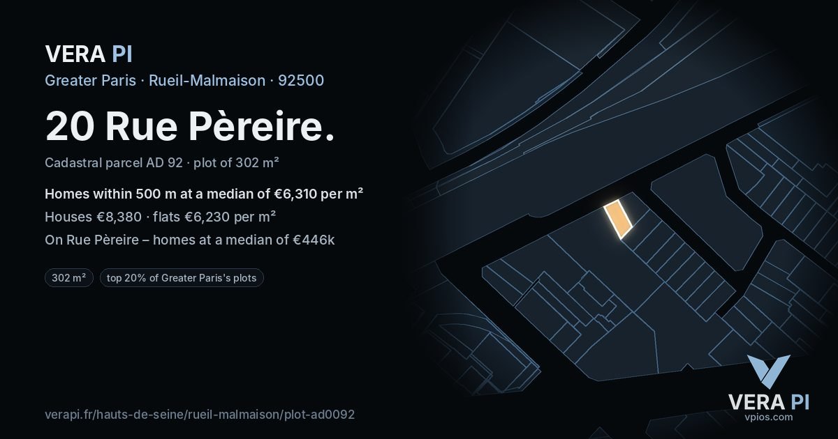 20 Rue Pèreire, Rueil-Malmaison at night – the plot lit, the parcels around coloured by the prices near them