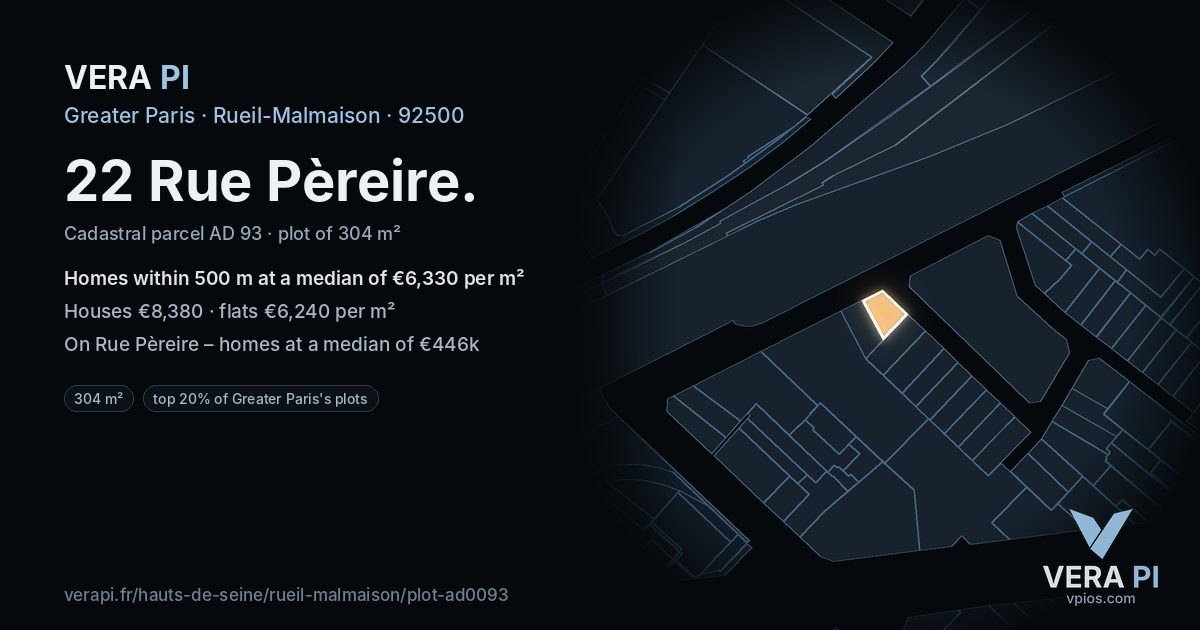 22 Rue Pèreire, Rueil-Malmaison at night – the plot lit, the parcels around coloured by the prices near them