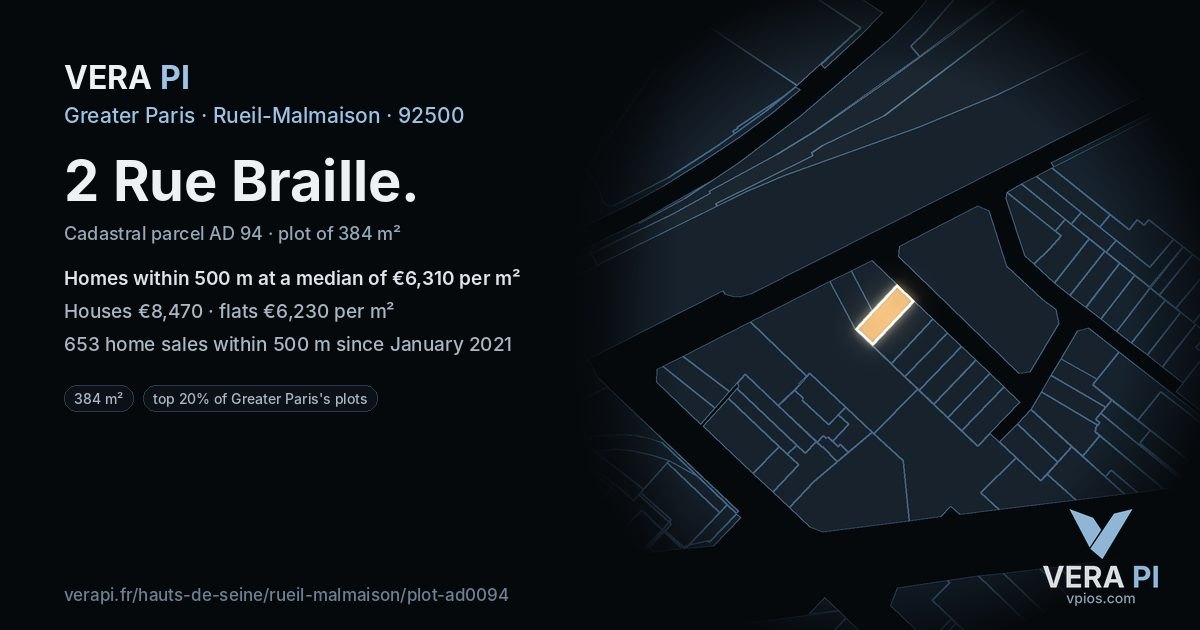 2 Rue Braille, Rueil-Malmaison at night – the plot lit, the parcels around coloured by the prices near them
