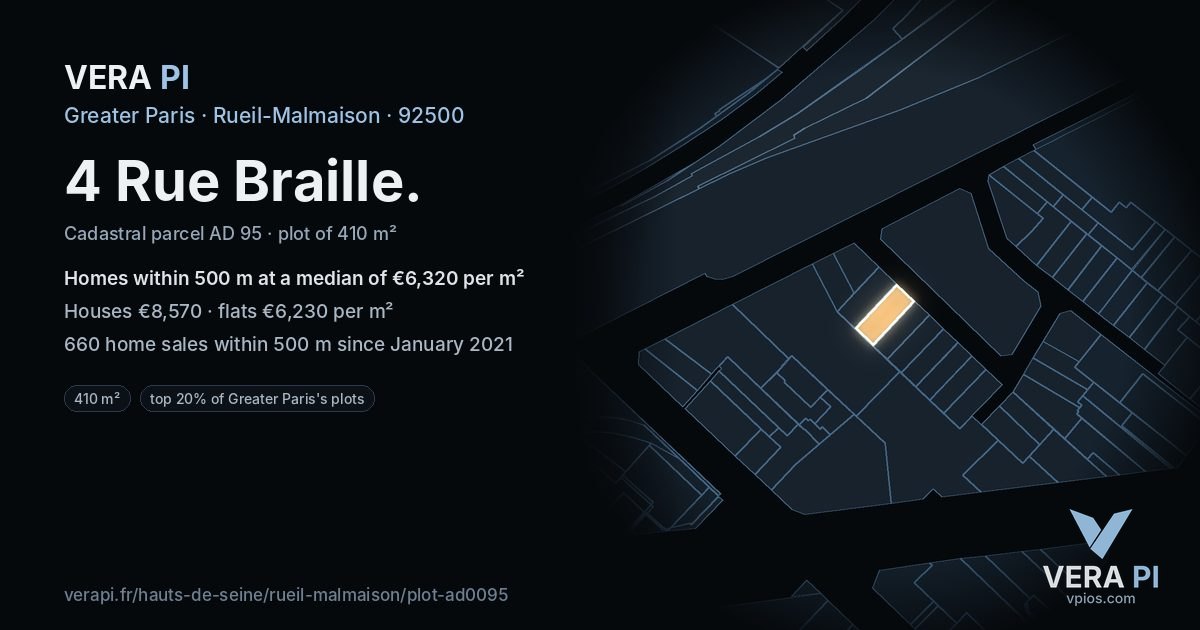 4 Rue Braille, Rueil-Malmaison at night – the plot lit, the parcels around coloured by the prices near them