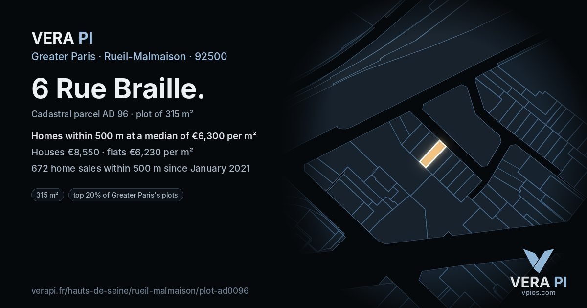 6 Rue Braille, Rueil-Malmaison at night – the plot lit, the parcels around coloured by the prices near them