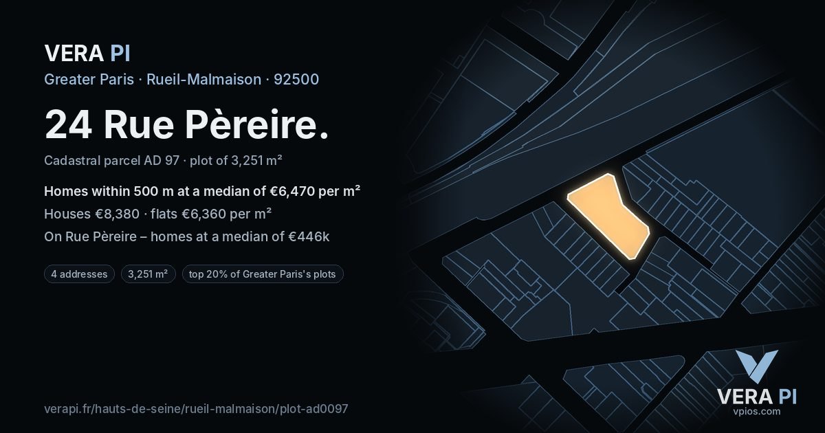 24 Rue Pèreire, Rueil-Malmaison at night – the plot lit, the parcels around coloured by the prices near them
