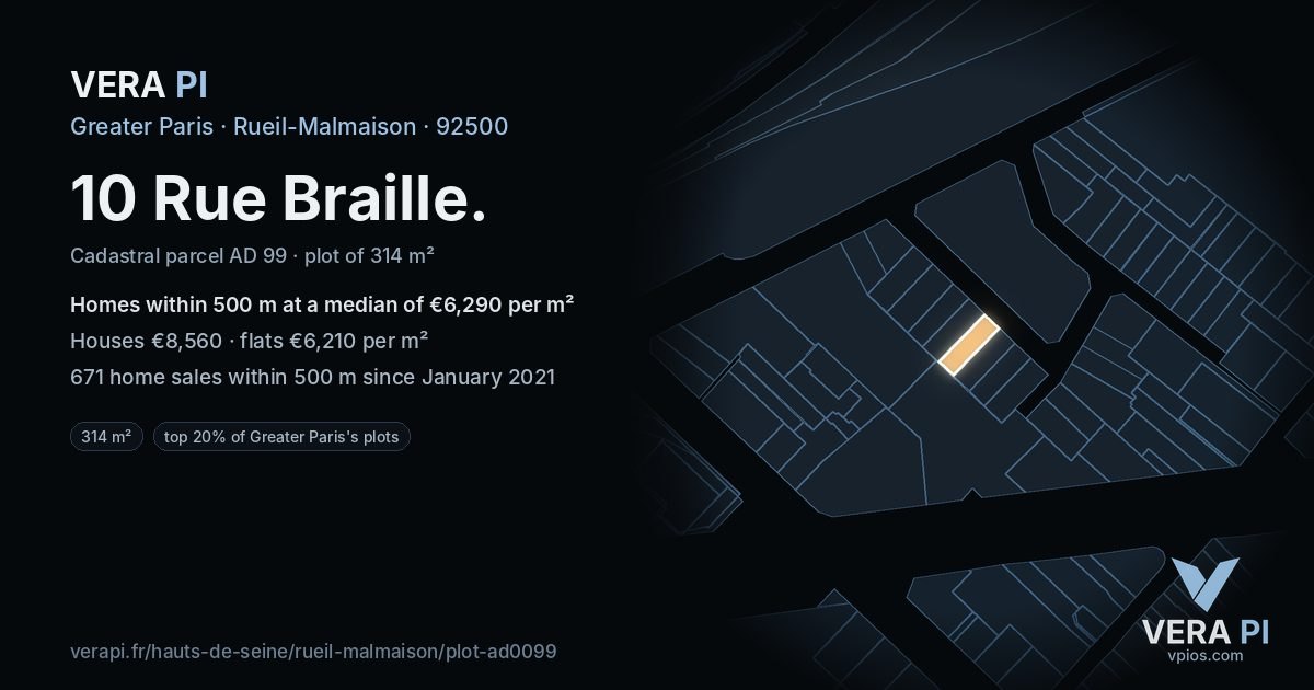 10 Rue Braille, Rueil-Malmaison at night – the plot lit, the parcels around coloured by the prices near them