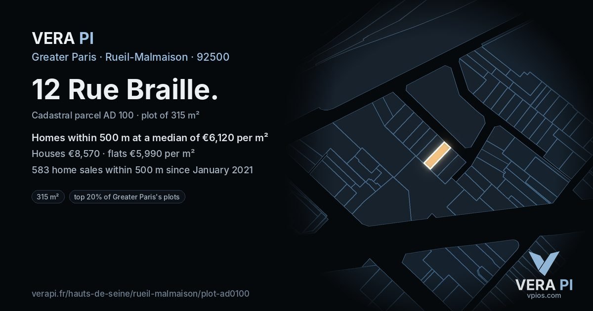 12 Rue Braille, Rueil-Malmaison at night – the plot lit, the parcels around coloured by the prices near them