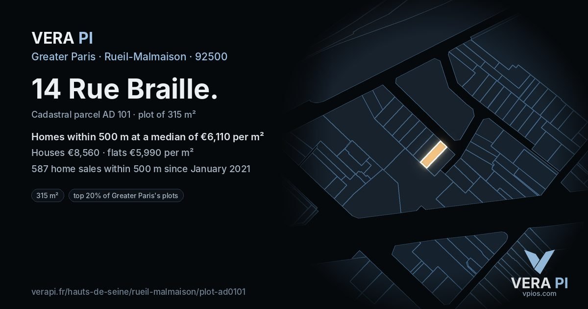 14 Rue Braille, Rueil-Malmaison at night – the plot lit, the parcels around coloured by the prices near them