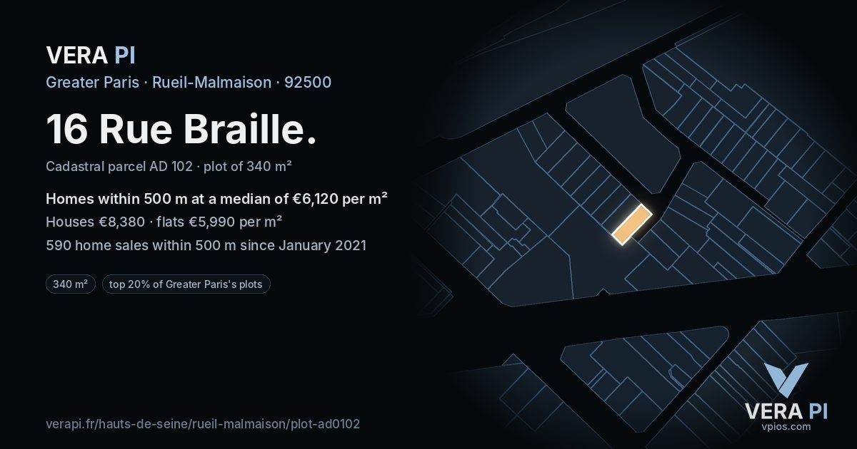 16 Rue Braille, Rueil-Malmaison at night – the plot lit, the parcels around coloured by the prices near them