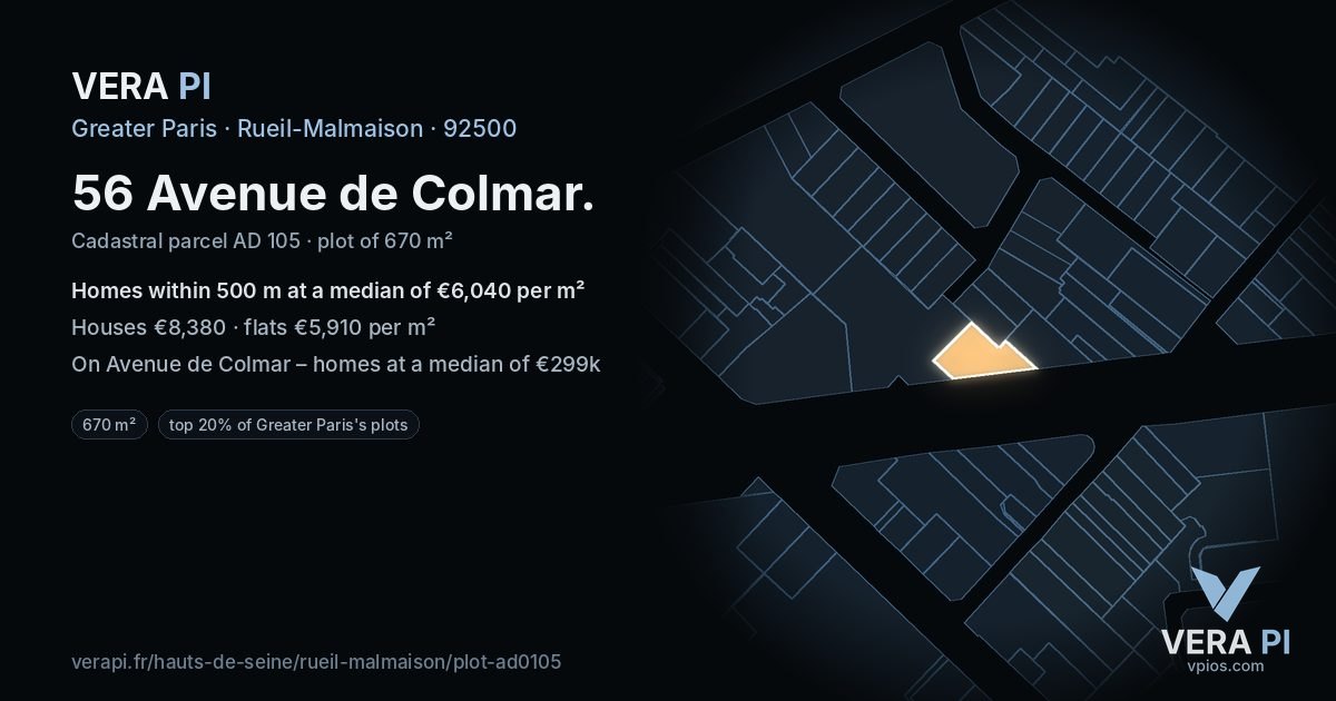56 Avenue de Colmar, Rueil-Malmaison at night – the plot lit, the parcels around coloured by the prices near them