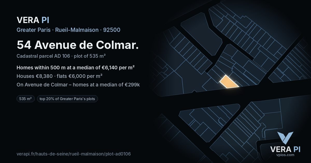 54 Avenue de Colmar, Rueil-Malmaison at night – the plot lit, the parcels around coloured by the prices near them