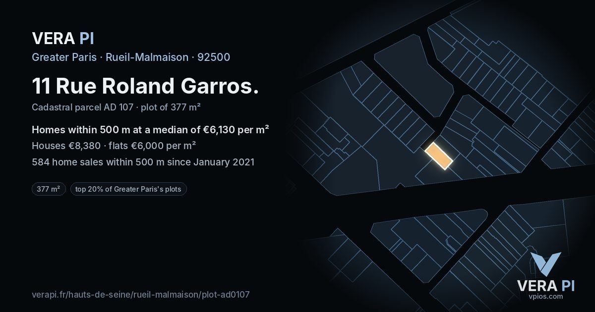 11 Rue Roland Garros, Rueil-Malmaison at night – the plot lit, the parcels around coloured by the prices near them