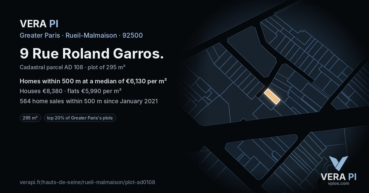 9 Rue Roland Garros, Rueil-Malmaison at night – the plot lit, the parcels around coloured by the prices near them