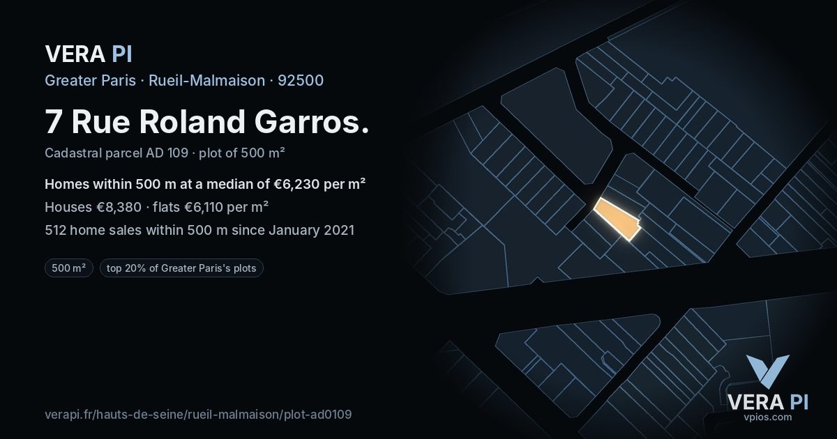 7 Rue Roland Garros, Rueil-Malmaison at night – the plot lit, the parcels around coloured by the prices near them