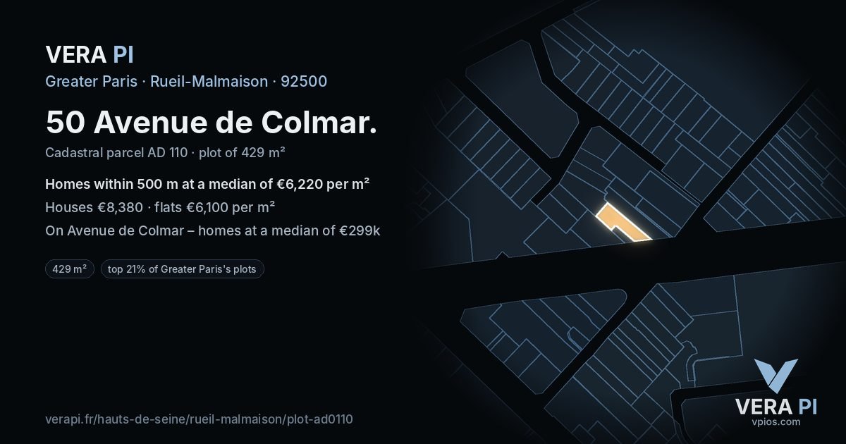 50 Avenue de Colmar, Rueil-Malmaison at night – the plot lit, the parcels around coloured by the prices near them