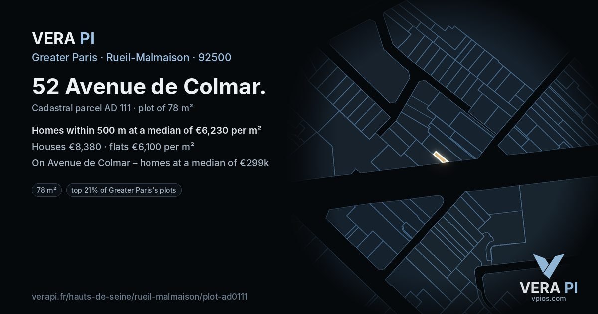 52 Avenue de Colmar, Rueil-Malmaison at night – the plot lit, the parcels around coloured by the prices near them