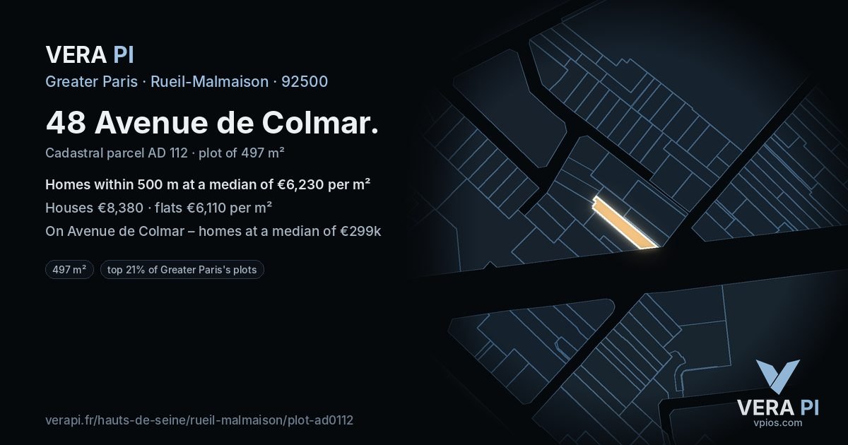 48 Avenue de Colmar, Rueil-Malmaison at night – the plot lit, the parcels around coloured by the prices near them