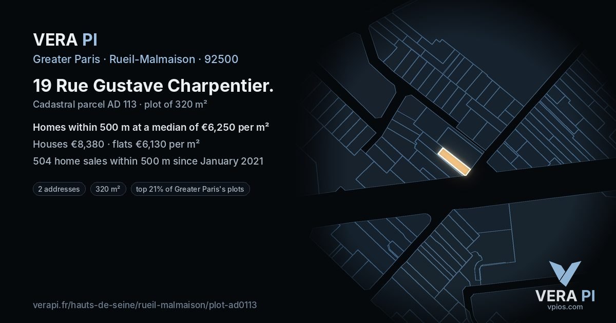 19 Rue Gustave Charpentier, Rueil-Malmaison at night – the plot lit, the parcels around coloured by the prices near them