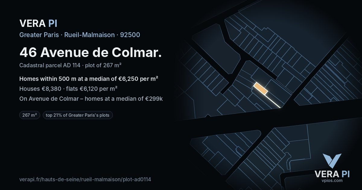 46 Avenue de Colmar, Rueil-Malmaison at night – the plot lit, the parcels around coloured by the prices near them
