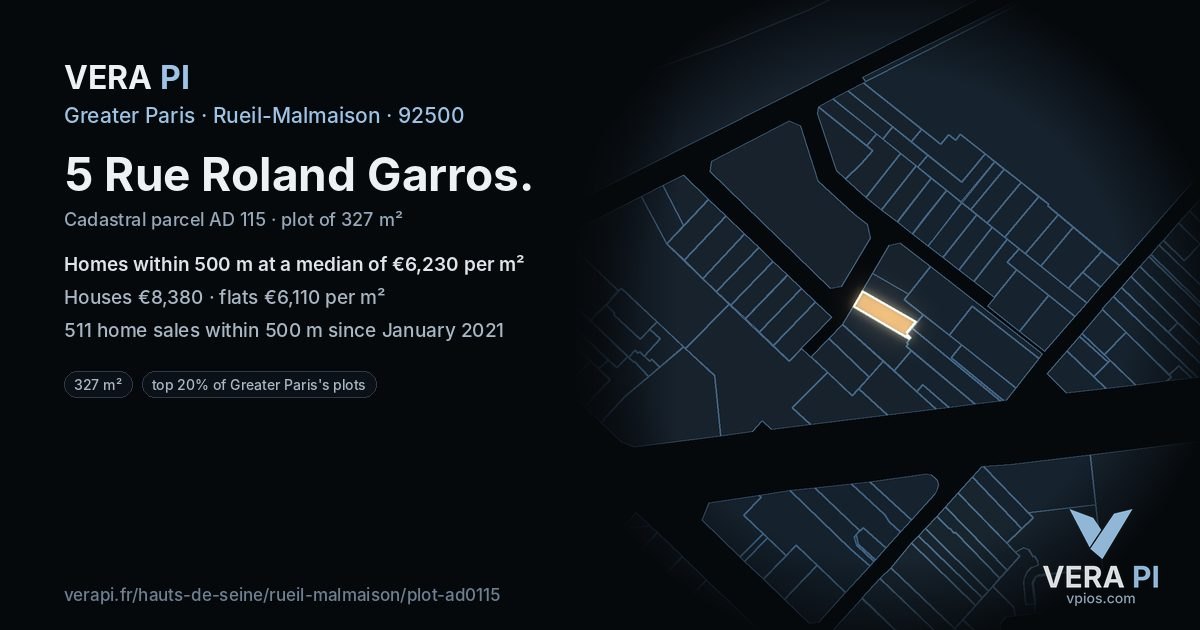 5 Rue Roland Garros, Rueil-Malmaison at night – the plot lit, the parcels around coloured by the prices near them